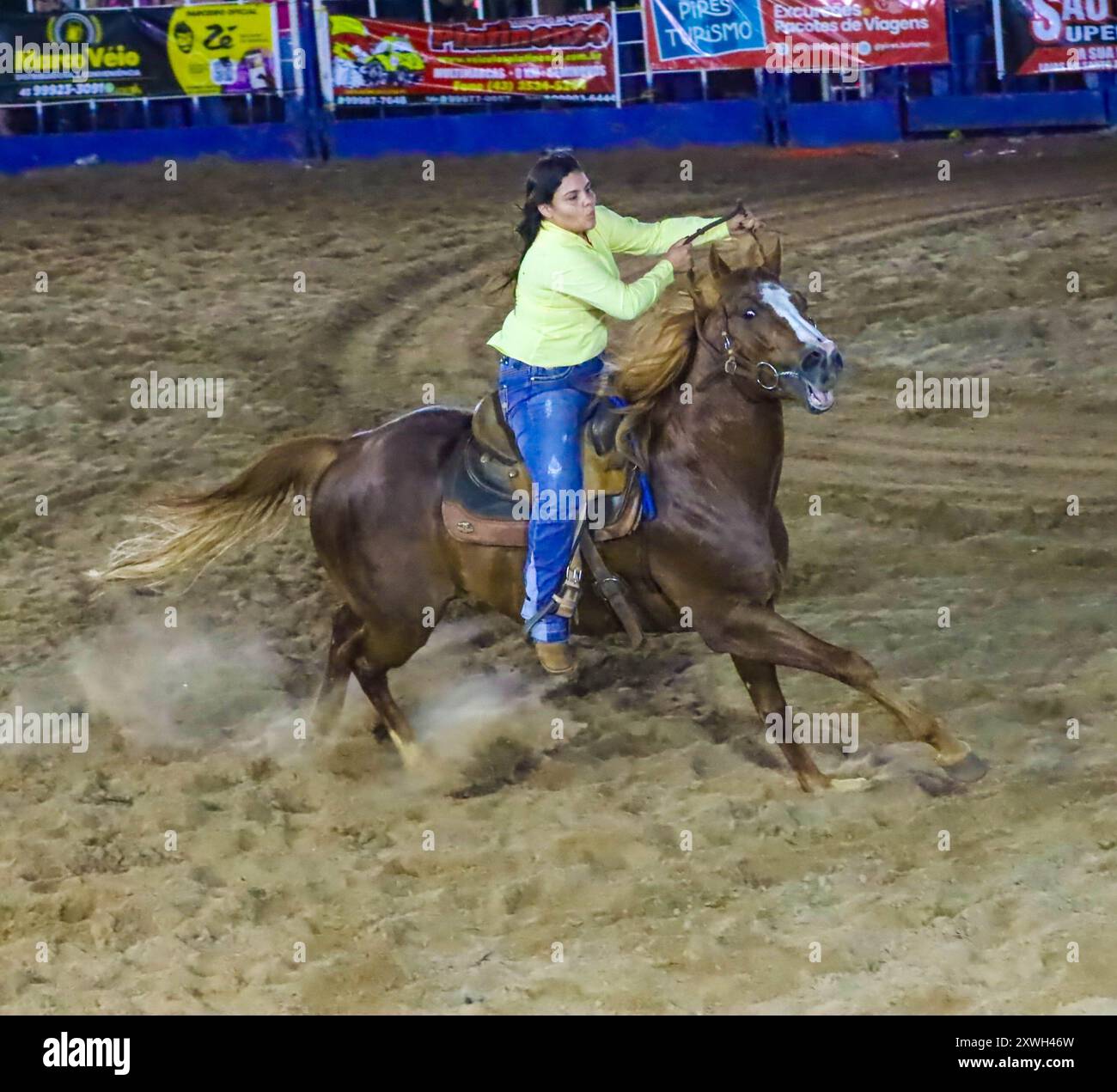 19 agosto 2024, Santo Antonio da Platina, Parana, Brasile: SANTO ANTONIO da PLATINA (PR), 08/18/2024. - TEST/THREE BARRELS/HORSES/EFAPI EXPO 2024 - Three Barrels Challenge nell'arena Rodeo della 52a edizione di Efapi Expo 2024, la sera di questa domenica, che ha chiuso l'evento il 18 agosto 2024. (Credit Image: © Edson De Souza/TheNEWS2 via ZUMA Press Wire) SOLO PER USO EDITORIALE! Non per USO commerciale! Foto Stock