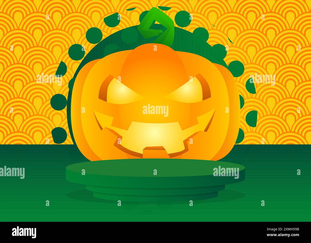 Mockup con la zucca di halloween. Podio del cilindro vettoriale con Jack o' Lantern. Vetrina per la presentazione. geometri minimo Illustrazione Vettoriale