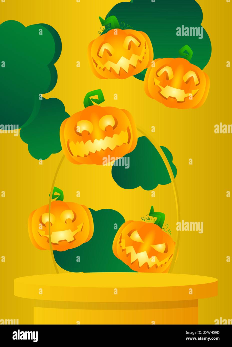 Mockup con la zucca di halloween. Podio del cilindro vettoriale con Jack o' Lantern. Vetrina per la presentazione. geometri minimo Illustrazione Vettoriale