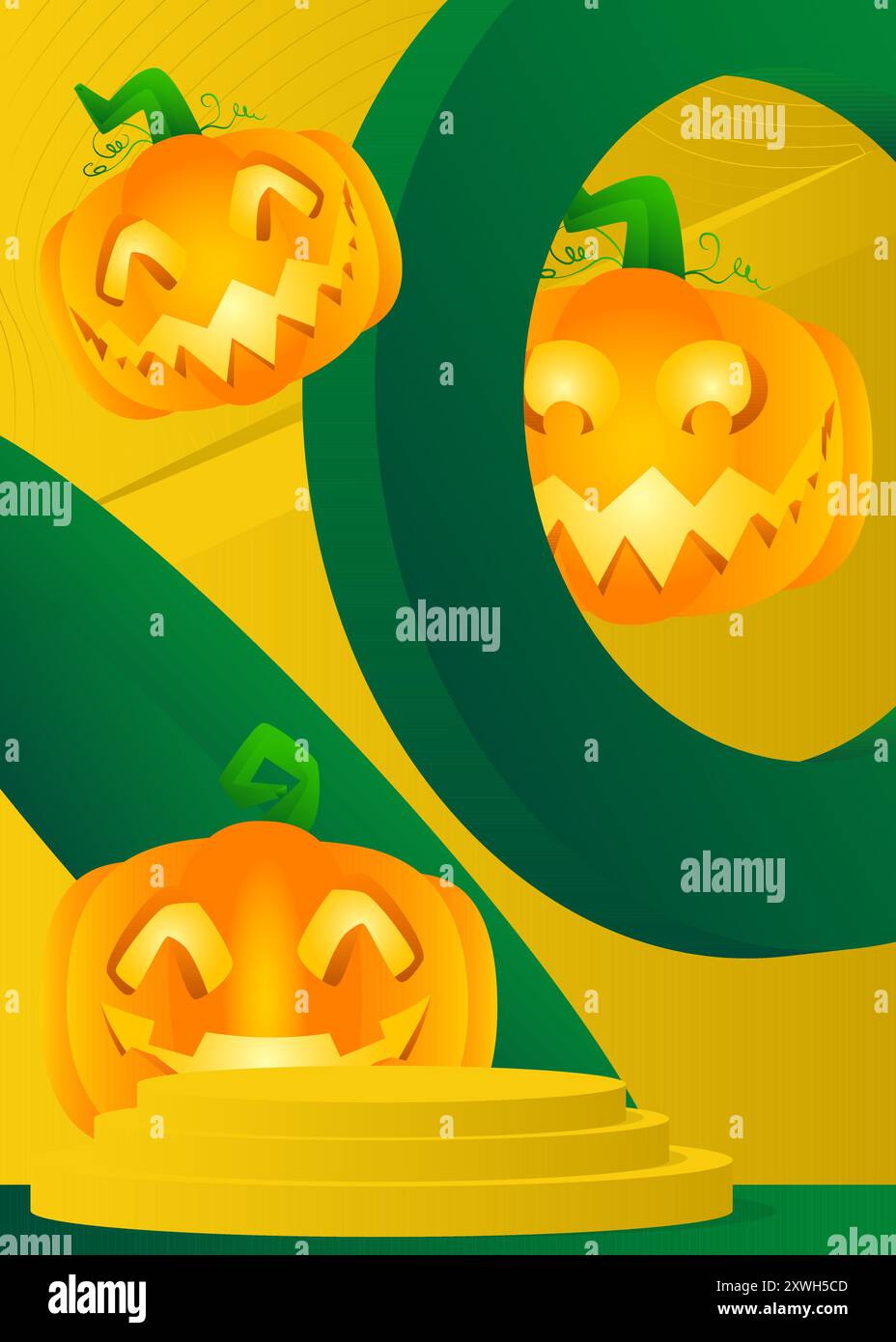 Mockup con la zucca di halloween. Podio del cilindro vettoriale con Jack o' Lantern. Vetrina per la presentazione. geometri minimo Illustrazione Vettoriale