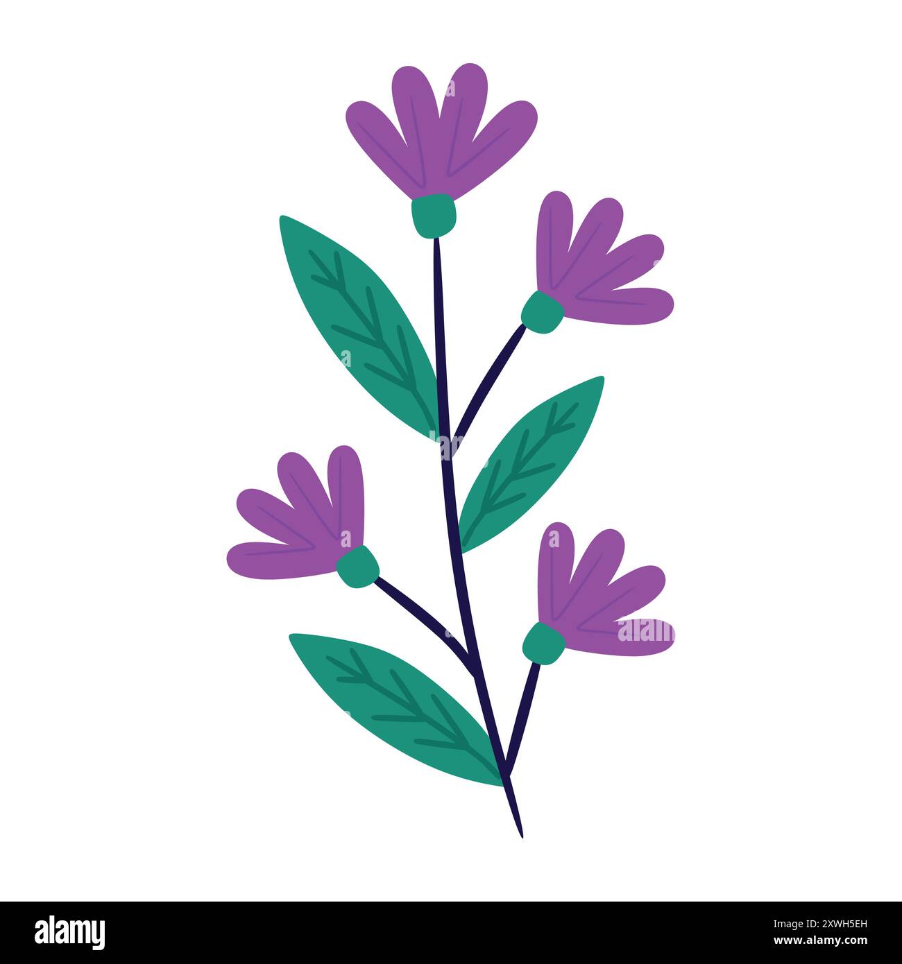 Semplice ramo floreale stilizzato con tre fiori viola e foglie verdi. Perfetto per design minimalisti, branding e grafica per social media. Illustrazione Vettoriale