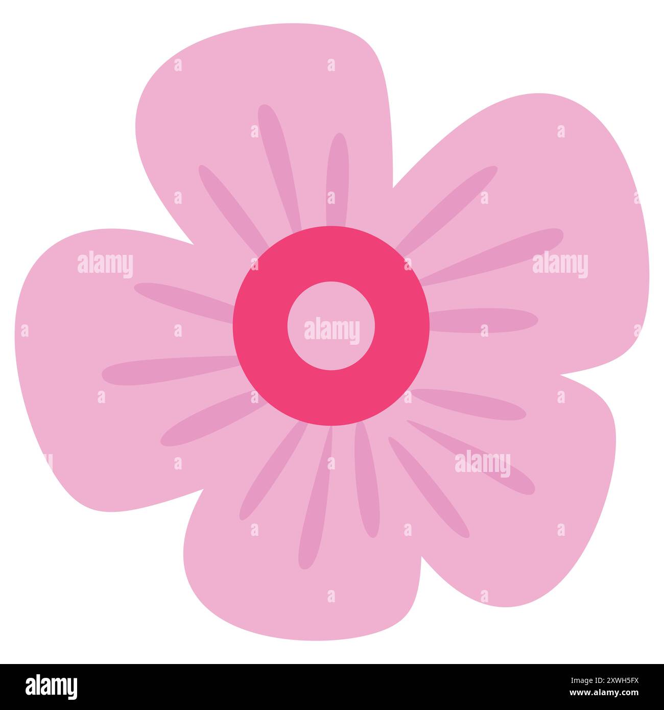 Un fiore rosa semplice e stilizzato con cinque petali arrotondati e un grande centro circolare concentrico nelle tonalità del rosa e del rosso. Design floreale e decorativo Illustrazione Vettoriale