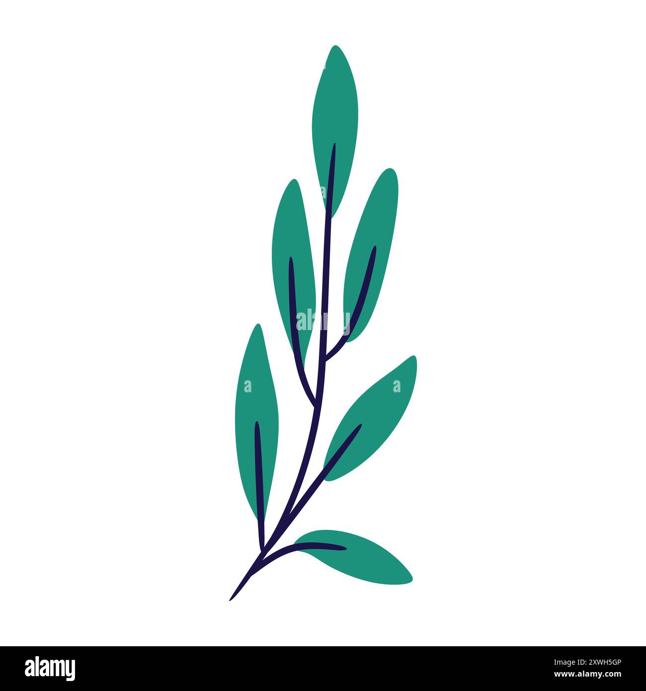 Semplice ed elegante ramoscello d'oliva con sette foglie in tonalità di verde e blu. Perfetto per design minimalisti, branding e grafica per social media. Illustrazione Vettoriale