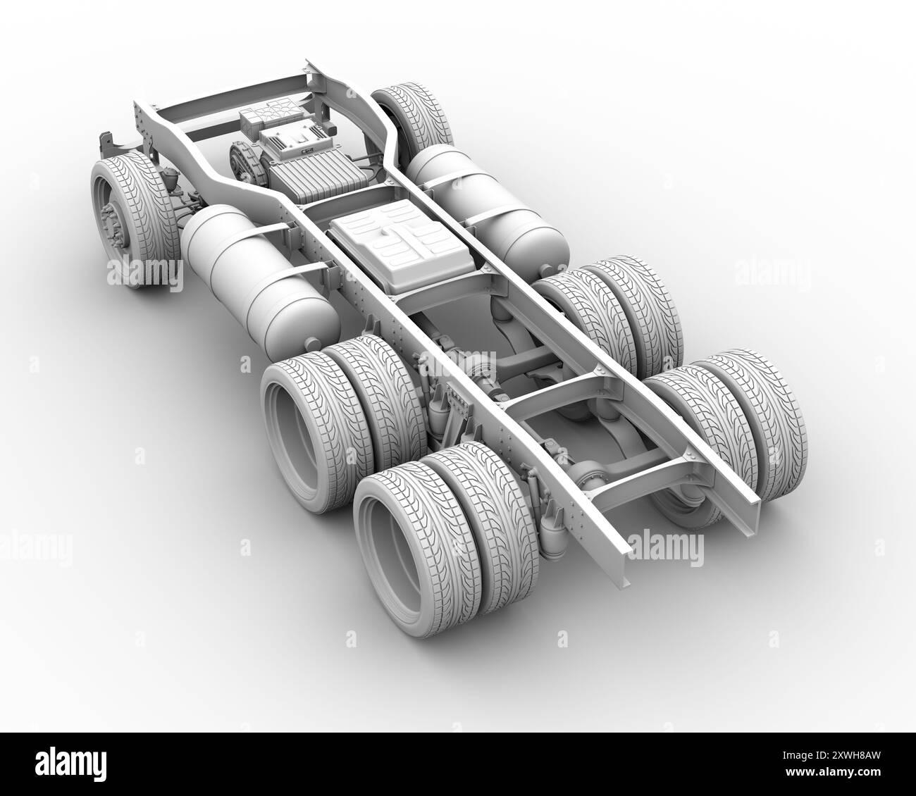 Rendering in argilla del telaio semi-camion FCV su sfondo grigio. Impianto a idrogeno con celle a combustibile con pila, batteria, serbatoi di gas H2 e motore. Immagine 3D. Foto Stock