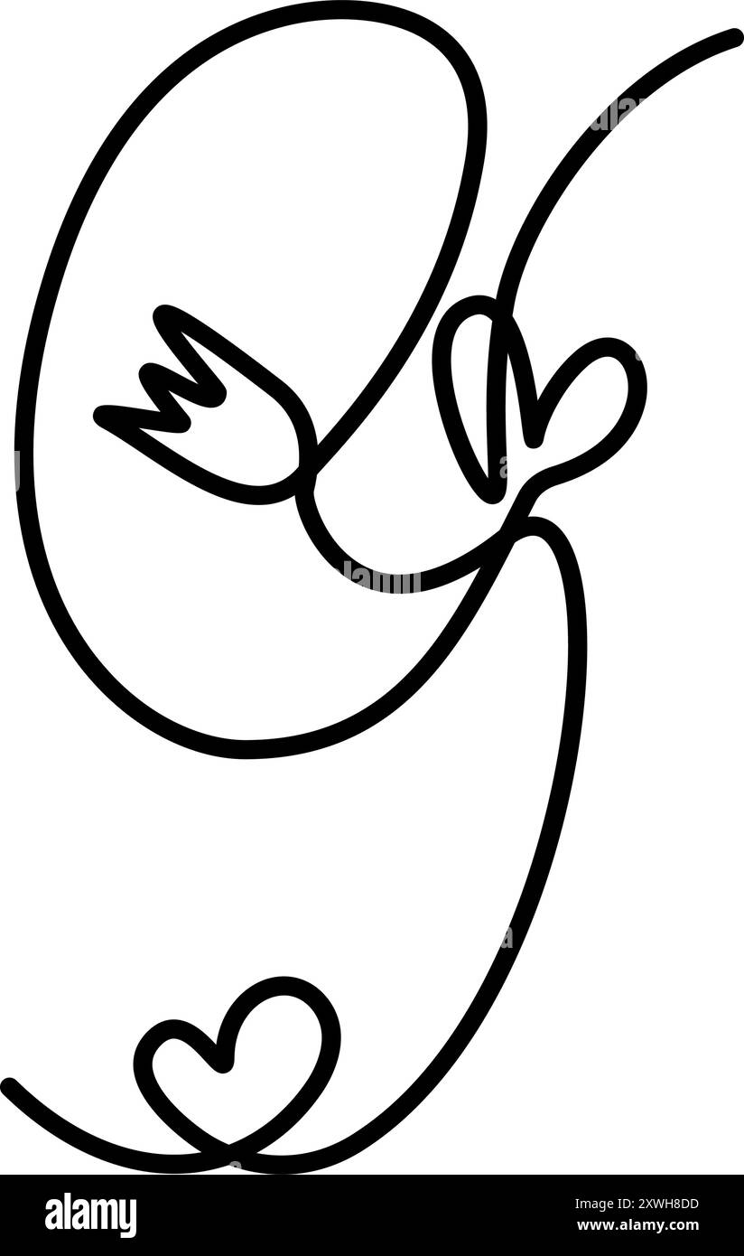 9 numero disegnato a mano con cuori decorativi e tulipano in linea continua. Iscrizione molla linea isolata Art Cartoline, poster, striscioni, cartellino prezzi, etichette o Web, illustrazione vettore promozionale Illustrazione Vettoriale