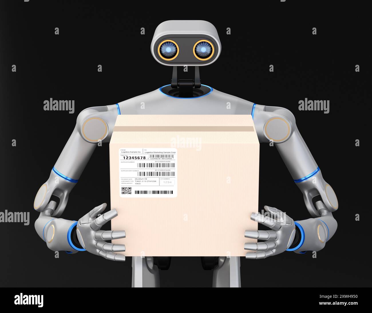 Vista frontale del robot ai umanoide su sfondo bianco. Immagine di rendering 3D. Foto Stock