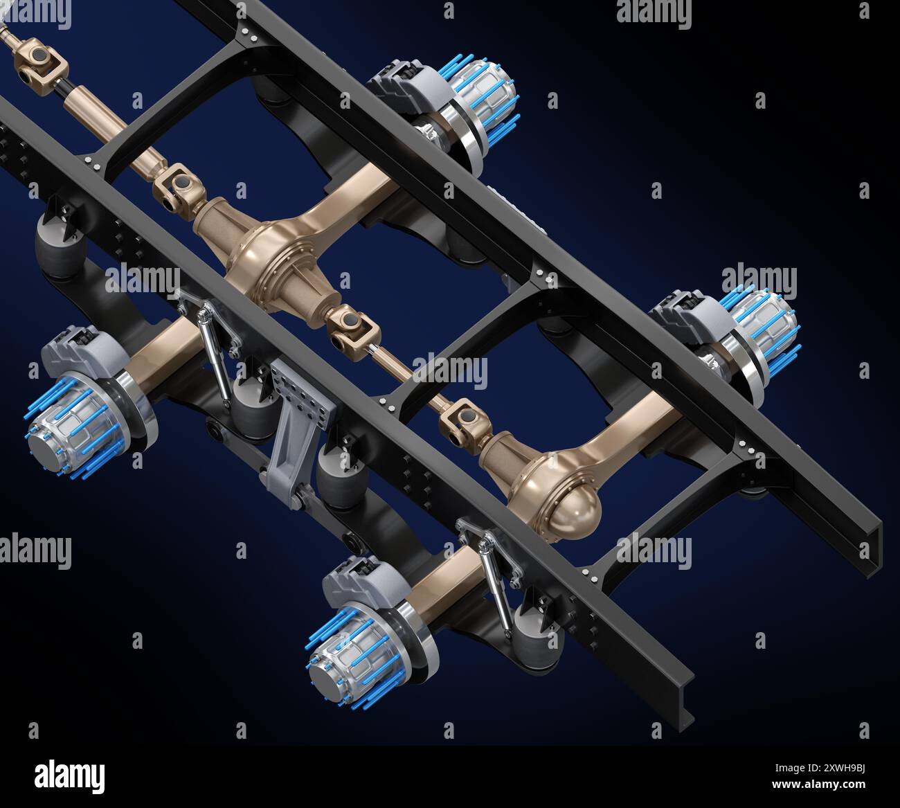 Vista isometrica del telaio del semirimorchio, sistema assale su sfondo nero. Progettazione generica. Immagine di rendering 3D. Foto Stock