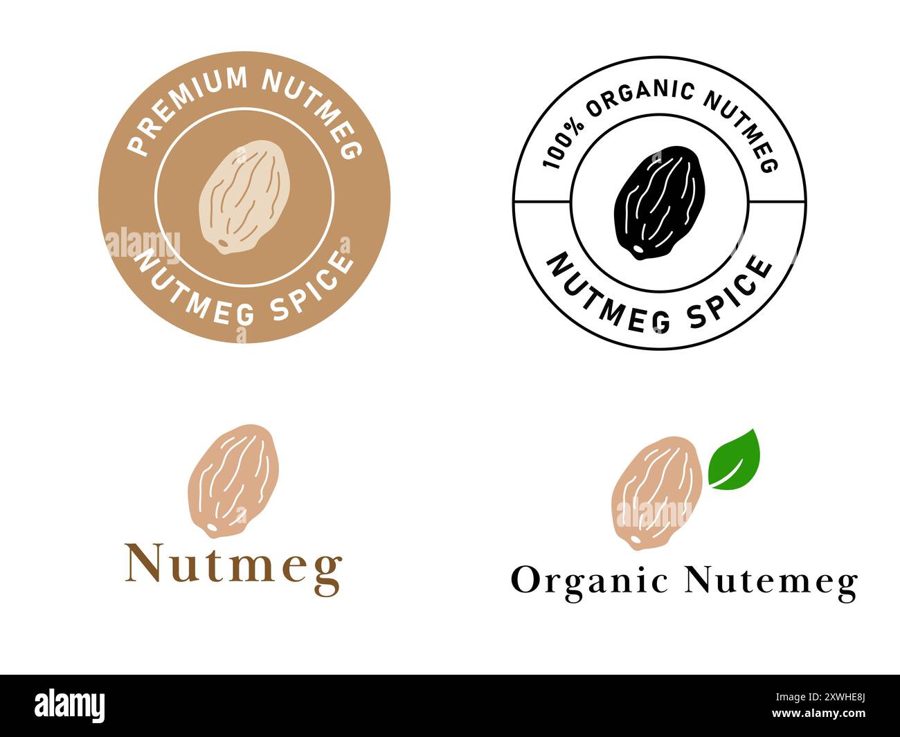 noce moscata spezia ingrediente alimentare condimento premium erba natura sana etichetta icona logo design Illustrazione Vettoriale