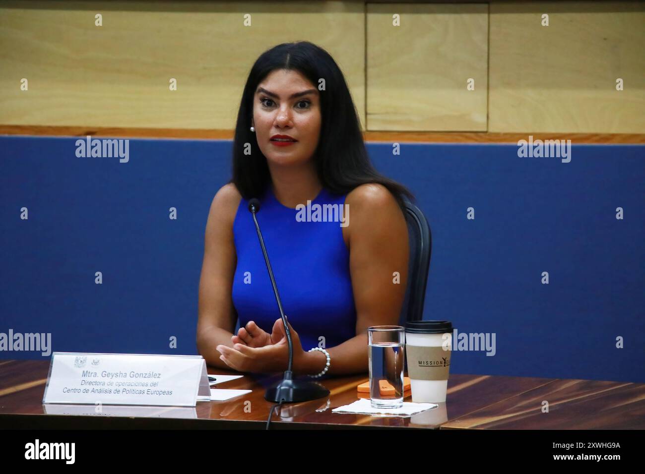 Messico, Messico. 19 agosto 2024. Geysha Gonzalez, direttore operativo del Centro per l'analisi delle politiche europee (CEPA), parla durante una conferenza stampa la disinformazione richiede alfabetizzazione mediatica presso la Torre del Rettore dell'UNAM. (Foto di Luis Tovar/SOPA Images/Sipa USA) credito: SIPA USA/Alamy Live News Foto Stock