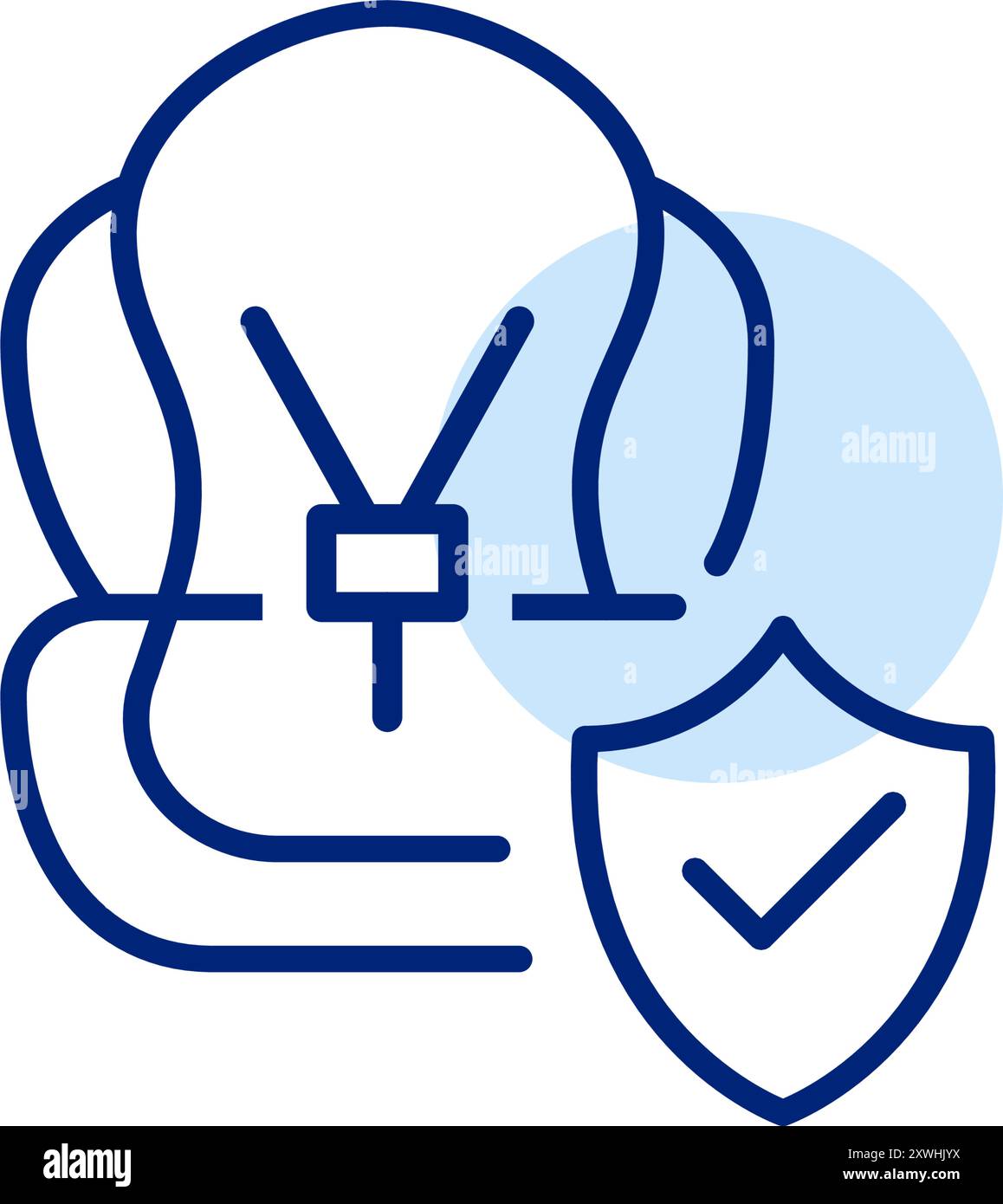 Seggiolino per auto, scudo di sicurezza e segno di spunta. Sicurezza e cura di alto livello per il trasporto dei bambini. Materiali di consumo approvati. Pixel Perfect, traccia modificabile vecto Illustrazione Vettoriale