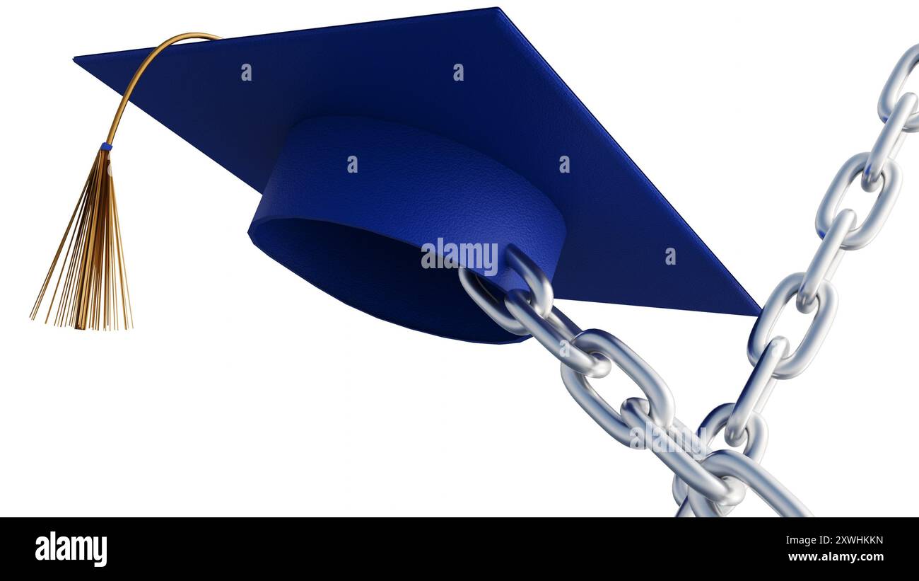 Un rendering 3d di un cappello di graduazione intrappolato da catene evoca un senso di vincolo e limitazione imposto all'istruzione o alla crescita personale. Foto Stock