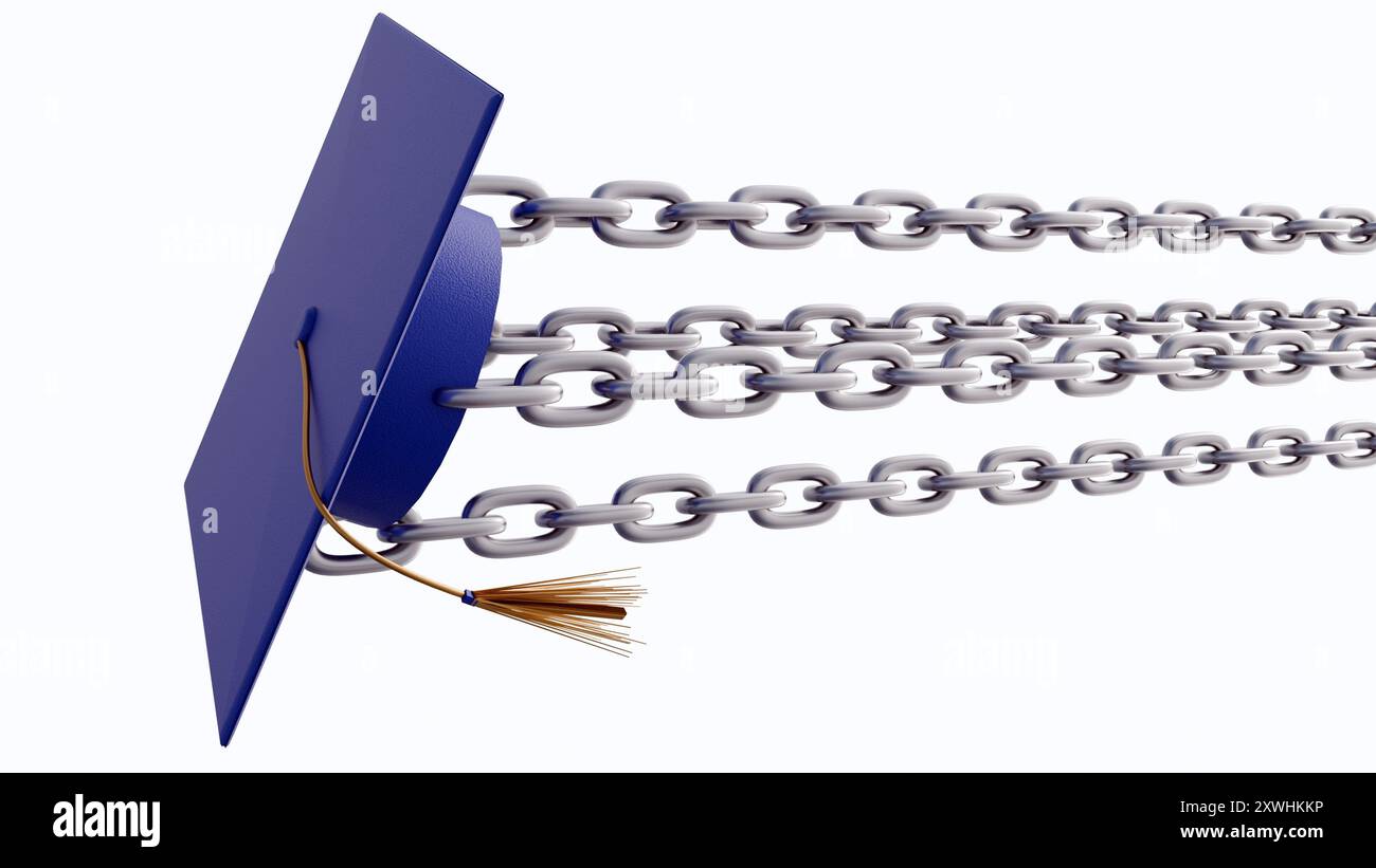 Un rendering 3d di un cappello di graduazione intrappolato da catene evoca un senso di vincolo e limitazione imposto all'istruzione o alla crescita personale. Foto Stock