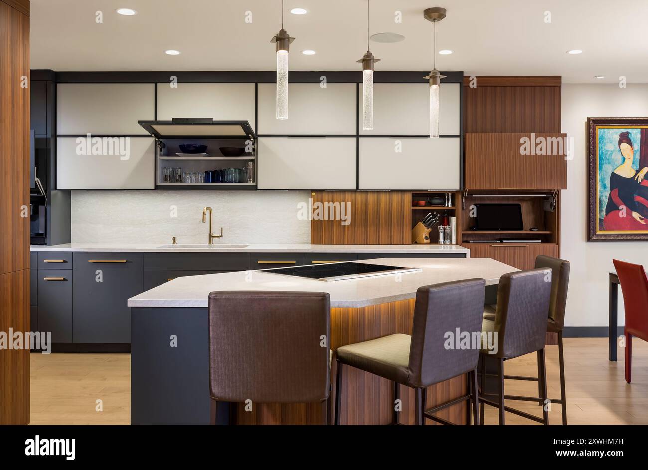 Cucina moderna con armadi in noce e grigio scuro Foto Stock