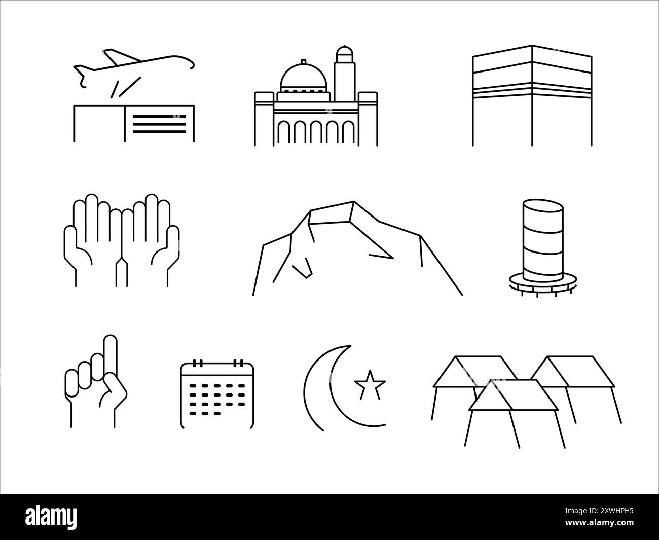 Islam hajj umrah pellegrinaggio sacra kaaba destinazione di viaggio religione obbligo musulmano collezione di icone di design in bianco e nero Illustrazione Vettoriale