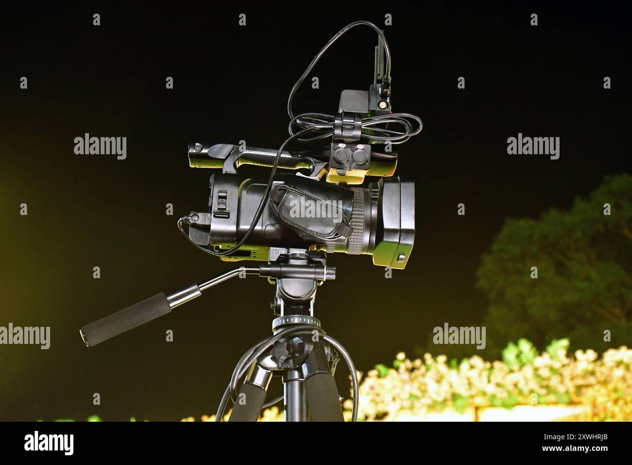 Videocamera montata su treppiede, vista laterale delle moderne telecamere 4K su un treppiede, cerimonia di nozze, scena notturna. Foto Stock