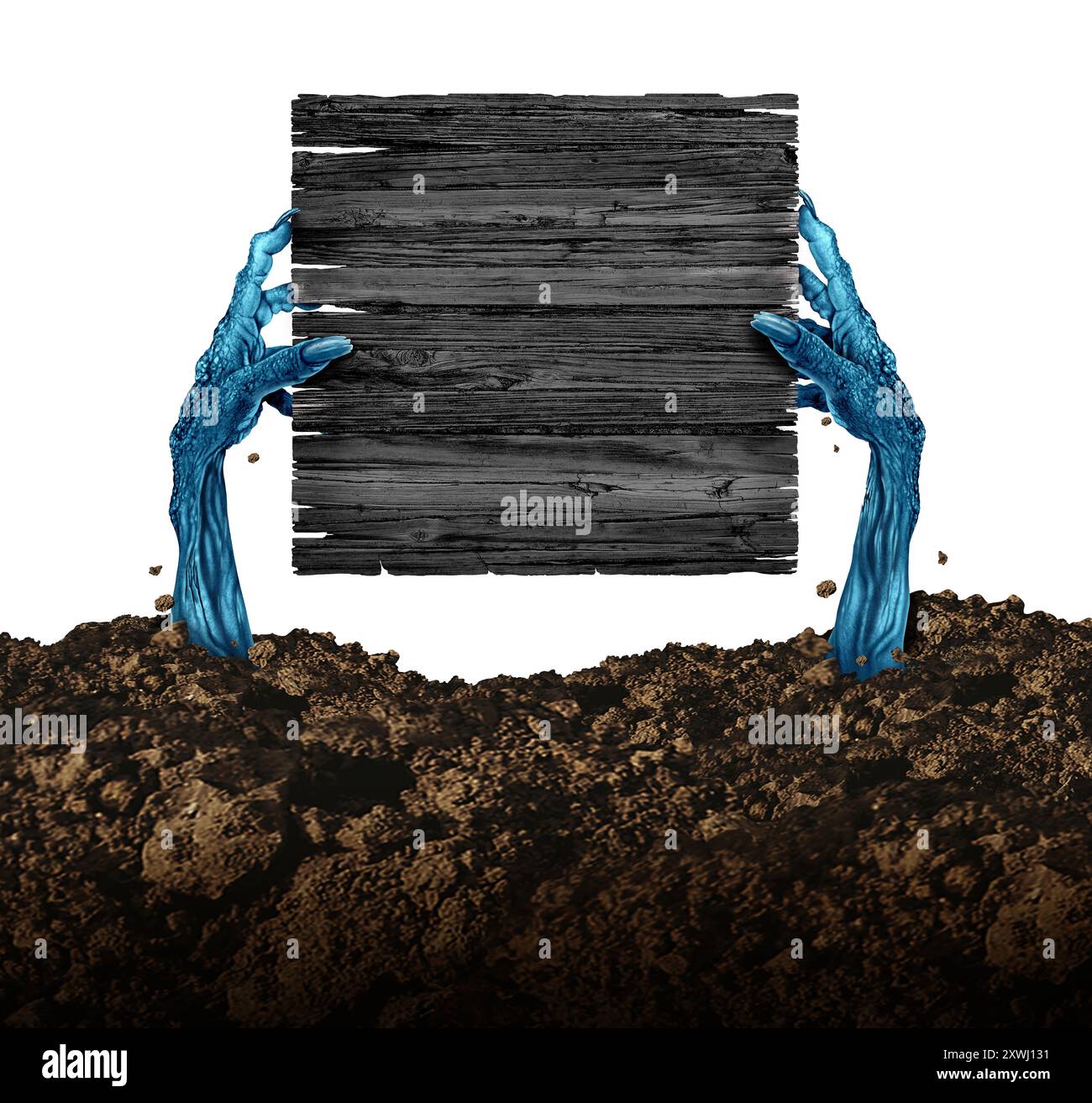 Festa di Halloween degli zombie con un vecchio cartello rustico intemprato sullo sfondo di un inquietante cimitero notturno come una tomba del cimitero autunnale con un gru vuoto Foto Stock