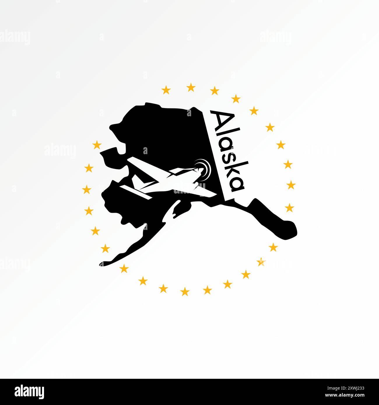 Design del logo concept grafico stock vettoriale premium creativo astratto simbolo della mappa dell'Alaska unico parco di montagna dell'aereo. Destinazione del volo corrispondente a nord Illustrazione Vettoriale