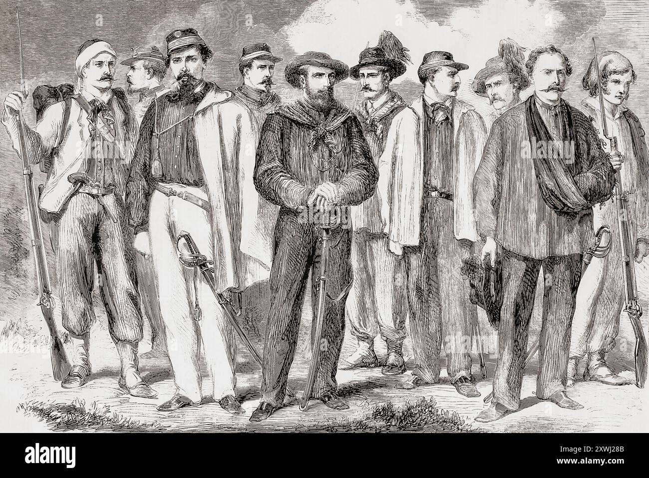 I liberatori della Sicilia. Da sinistra a destra, un Cacciatore delle Alpi. La guida di Garibaldi. István Türr, 1825 – 1908, soldato ungherese, rivoluzionario, architetto di canali e ingegnere. Soldato di cavalleria. Giuseppe Maria Garibaldi, 1807 – 1882, generale italiano, patriota, rivoluzionario e repubblicano. Volontario toscano. Gerolamo 'Nino' Bixio, 1821 - 1873, generale, patriota e politico italiano. Volontario lombardo. Giacinto Carini, 1821 - 1880, politico e patriota italiano. Membro dello Squadrone. Dal London Illustrated News, pubblicato nel 1860. Foto Stock