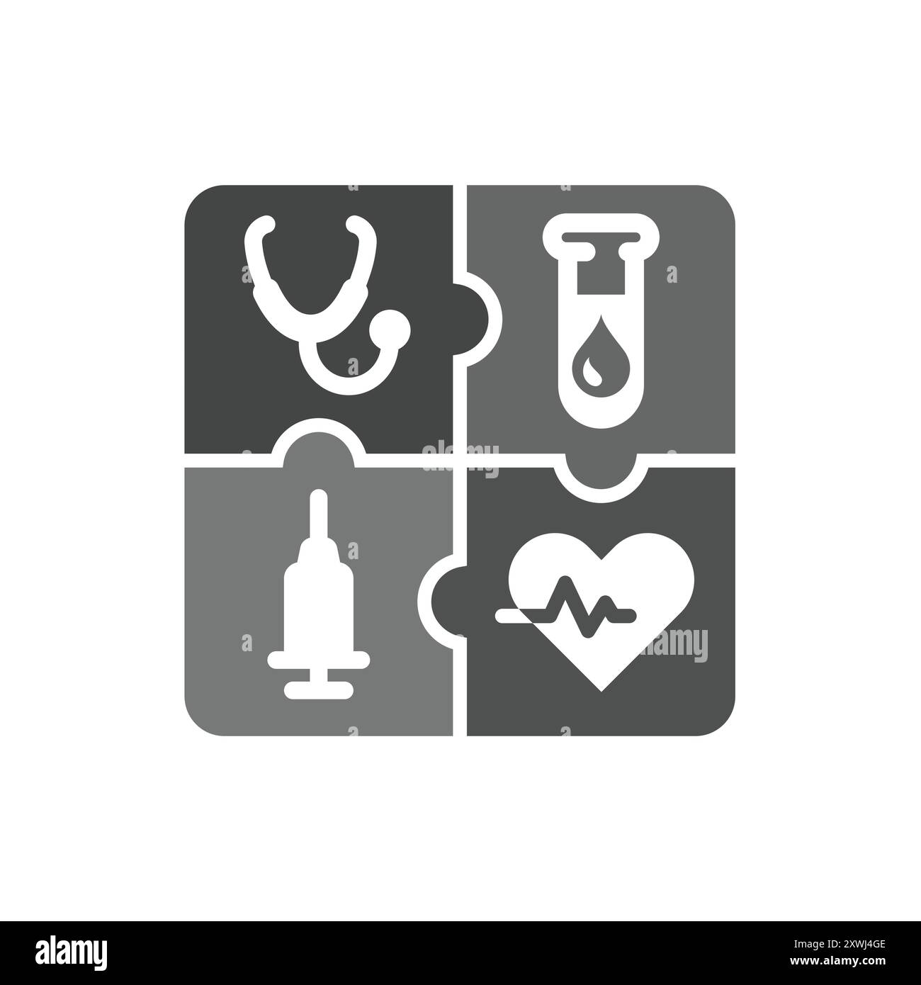 Icone del logo del puzzle medico e medico. Icona vettore salute e assistenza sanitaria. Illustrazione Vettoriale