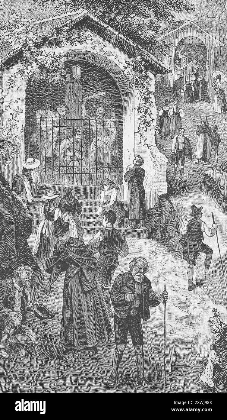 Stazioni della Croce sul Colle del Calvario presso la Chiesa del Santo Sepolcro sul Monte Virgl a Bolzano, alto Adige, Italia, riproduzione storica, restaurata digitalmente da un originale del XIX secolo, data record non dichiarata, Kreuzwegstation am Kalvarienberg an der Heiliggrabkirche auf dem Berg Virgl a Bolzano, Südtirol, Italien, Historisch, digital restaurierte Reproduktion aus von einer Vorlage dem 19. Jahrhundert Foto Stock