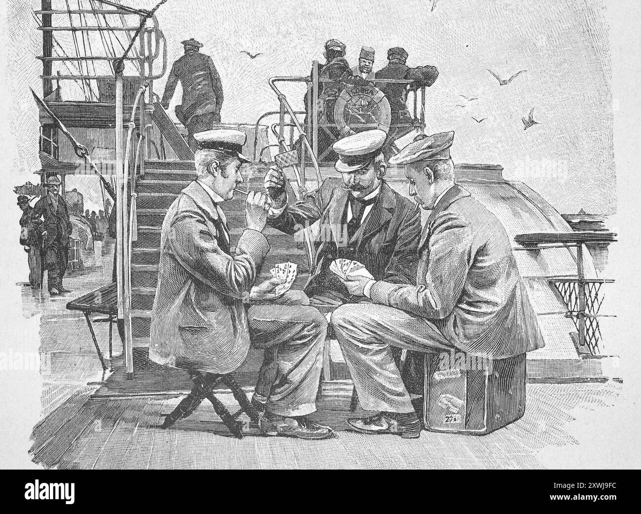 Uomini, visitatori estivi in viaggio in nave per Heligoland Playing Cards, Skat, 1880, Germania, storia, riproduzione restaurata digitalmente da un originale del XIX secolo, data record non dichiarata, Männer, Sommerfrischler auf dem Weg mit dem Schiff nach Helgoland beim Kartenspiel, Deutschland, Historisch, digital restaurierte Reproduktion von einer Vorlage aus dem 19. Jahrhundert Foto Stock