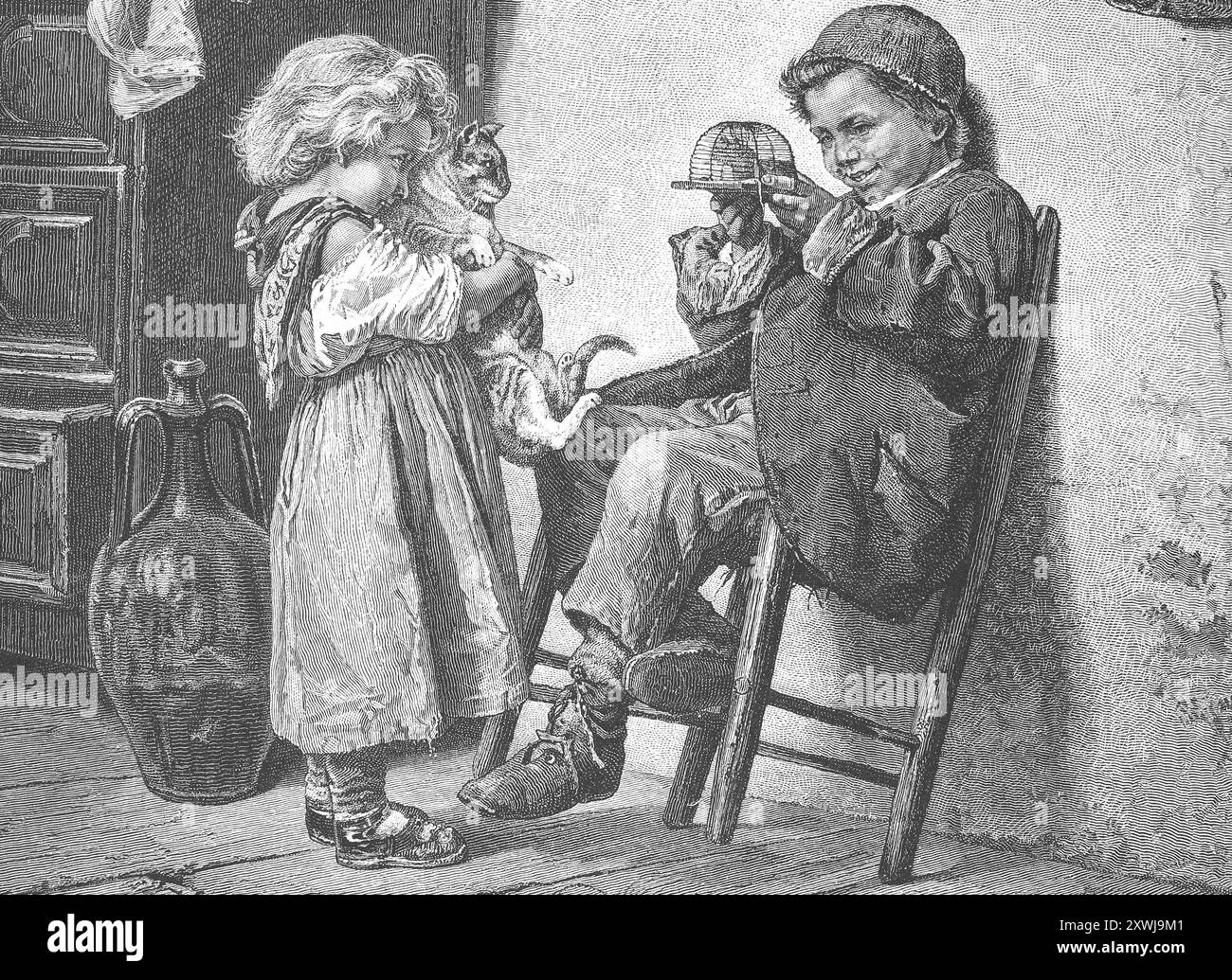 La tentazione del gatto, ragazza mostra un gatto un topo in un mousetrap che un ragazzo tiene in mano, scena intorno al 1890, Germania, riproduzione storica, restaurata digitalmente di un originale del XIX secolo, data record non dichiarata, Die Versuchung der Katze, Mädchen zeigt einer Katze eine Maus in der Mausefalle, Die ein Junge in der Hand hält, Szene um 1890, Deutschland, Historisch, Historisch, digital restaution von Reprodution 19. Jahrhundert, data record non dichiarata Foto Stock