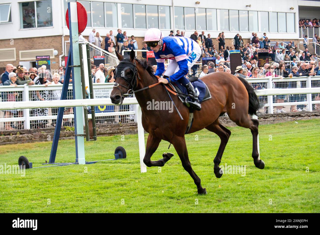 Windsor, Berkshire, Regno Unito. 19 agosto 2024. MORCAR guidata dal fantino Joe Leavy vince la Thames Alfa Romeo Slough Apprentice handicap Stakes (Classe 4) al Royal Windsor Racecourse di Windsor, Berkshire, durante la gara di Monday Night Races Final Fiesta. Proprietario, signora Johnny de la Hey, allenatore Richard Hannon, Marlborough, allevatore al Wasmiyah Stud Ltd, Sponsor, Tote. Crediti: Maureen McLean/Alamy Live News Foto Stock