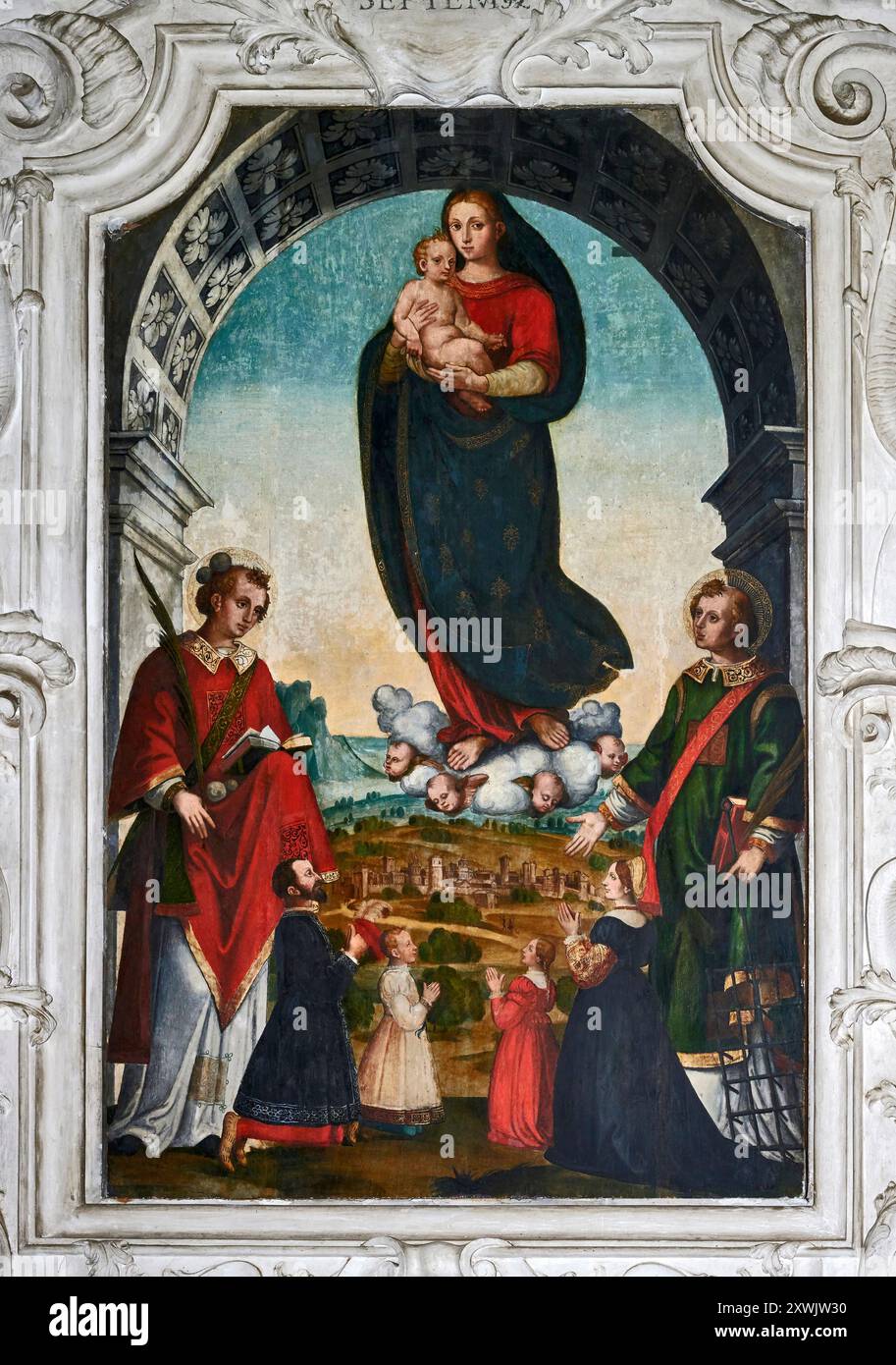Madonna col bambino con S.. Stefano e S.. Lorenzo - olio su tela - Galeazzo campi - XVI secolo - Bobbio (PC) Basilica di San Colombano Foto Stock
