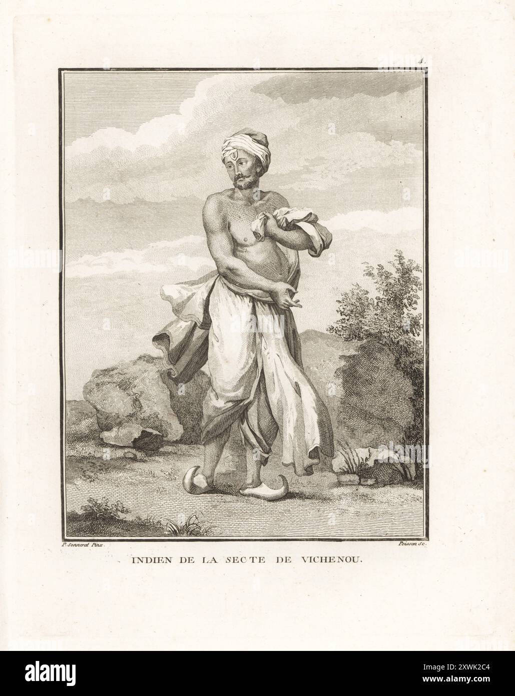 Uomo indiano della setta Vishnu. In turbante, tacca tilaka sulla fronte, dhoti lunghi e abiti bianchi, pantofole appuntite. Indien de la secte de Vichenou. Incisione su copperplate di Jean-Baptiste Marie Poisson dopo un'illustrazione di Pierre Sonnerat dal suo Voyage aux Indes Orientales et à la Chine (viaggio nelle Indie Orientali e Cina, Dentu, Parigi, 1806. Foto Stock