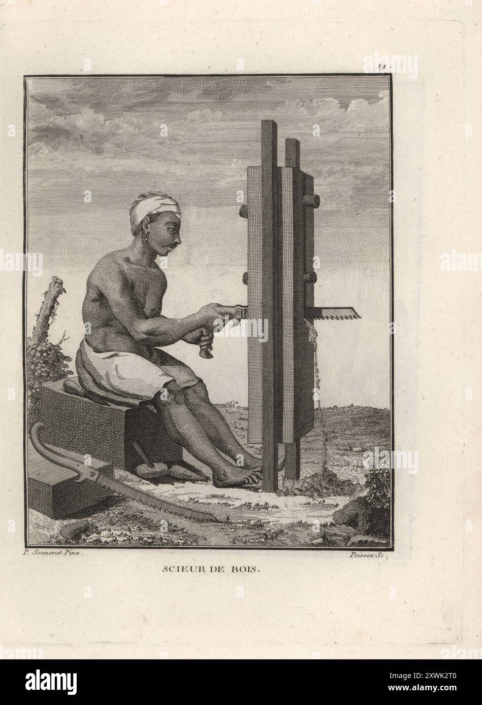 Legno indiano sawyer, XVIII secolo. Uomo in dhoti che lavora fuori con una sega. Monta il legno tra due putrelle piantate nel terreno. Scieur de bois. Incisione su copperplate di Jean-Baptiste Marie Poisson dopo un'illustrazione di Pierre Sonnerat dal suo Voyage aux Indes Orientales et à la Chine (viaggio nelle Indie Orientali e Cina, Dentu, Parigi, 1806. Foto Stock