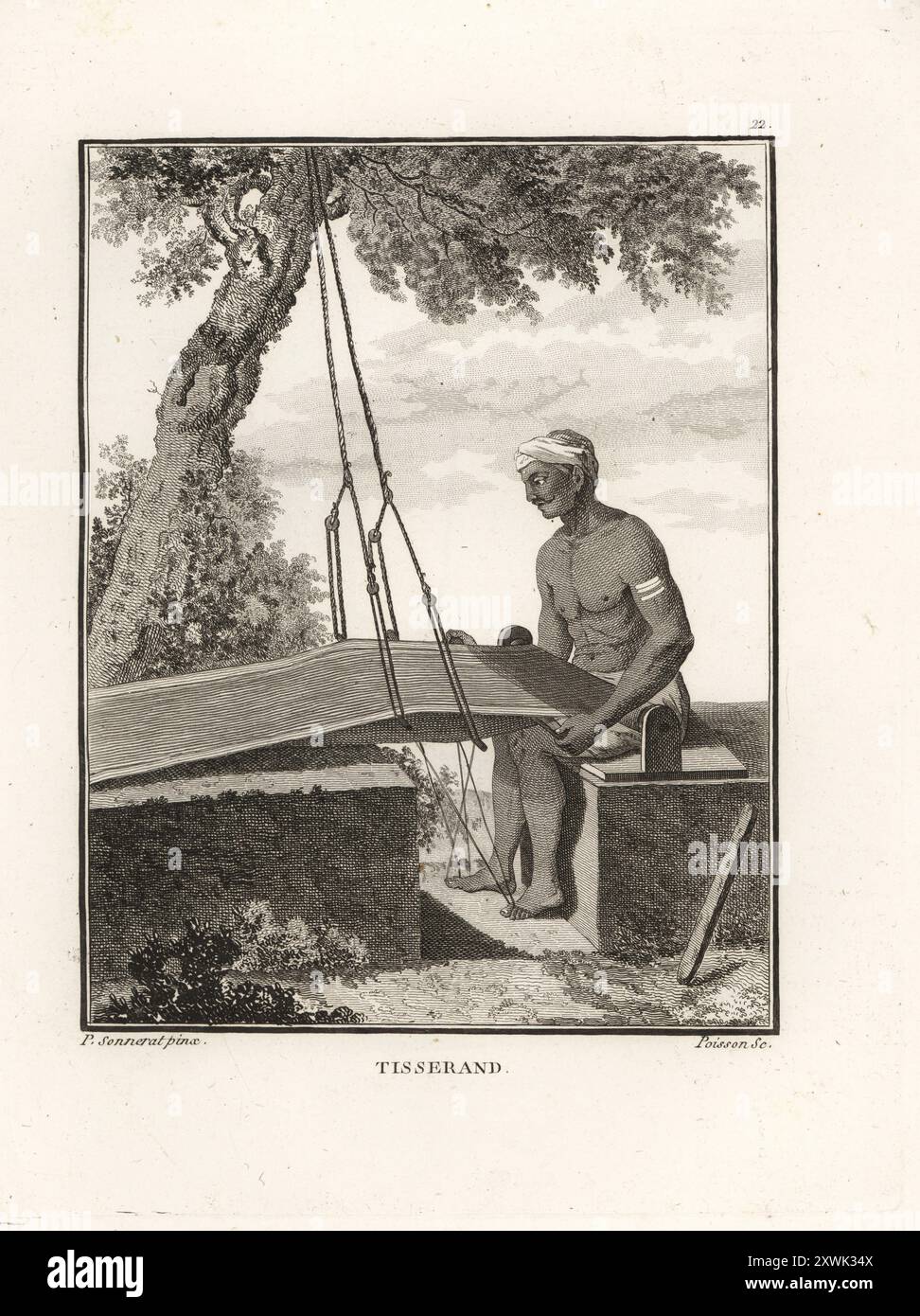 tessitore indiano al suo telaio, XVIII secolo. Il semplice cablaggio a due fasci è impostato all'esterno. Le due navette a trama sono controllate da corde sospese dall'albero e dai suoi piedi. Tisserand. Incisione su copperplate di Jean-Baptiste Marie Poisson dopo un'illustrazione di Pierre Sonnerat dal suo Voyage aux Indes Orientales et à la Chine (viaggio nelle Indie Orientali e Cina, Dentu, Parigi, 1806. Foto Stock