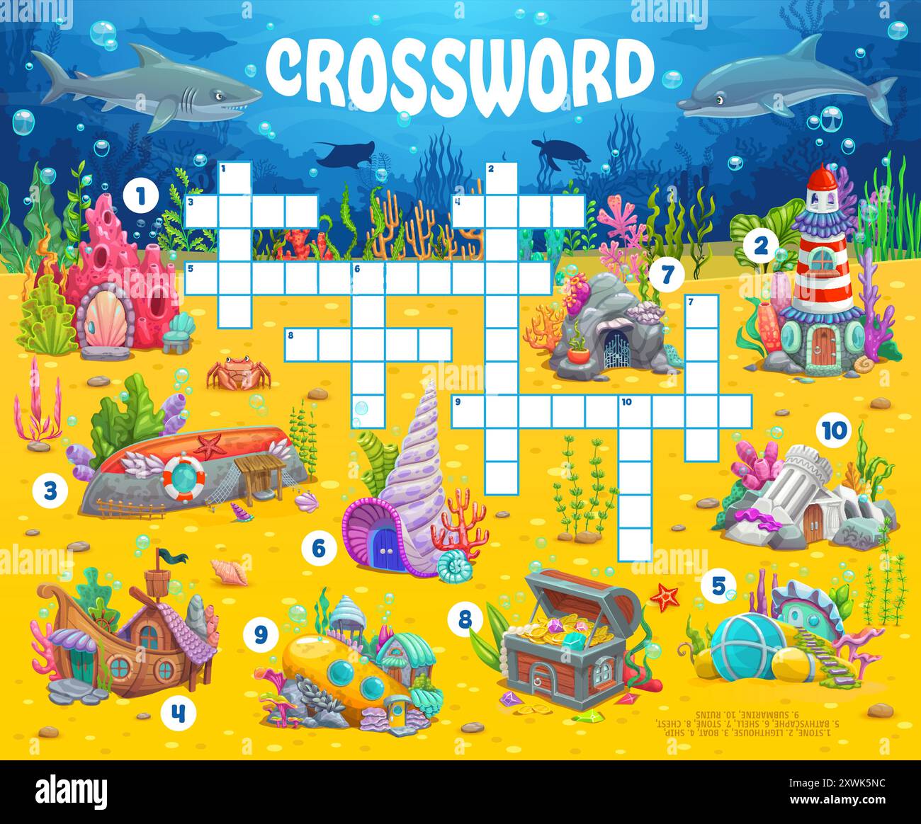 Griglia di gioco a quiz a parole incrociate, cartoni animati subacquei che contiene un foglio di lavoro vettoriale. Puzzle di parole per bambini e labirinto educativo in inglese con conchiglie, sottomarini, navi e case sul fondo della barca. Gioco a quiz vocabolario crossword Illustrazione Vettoriale