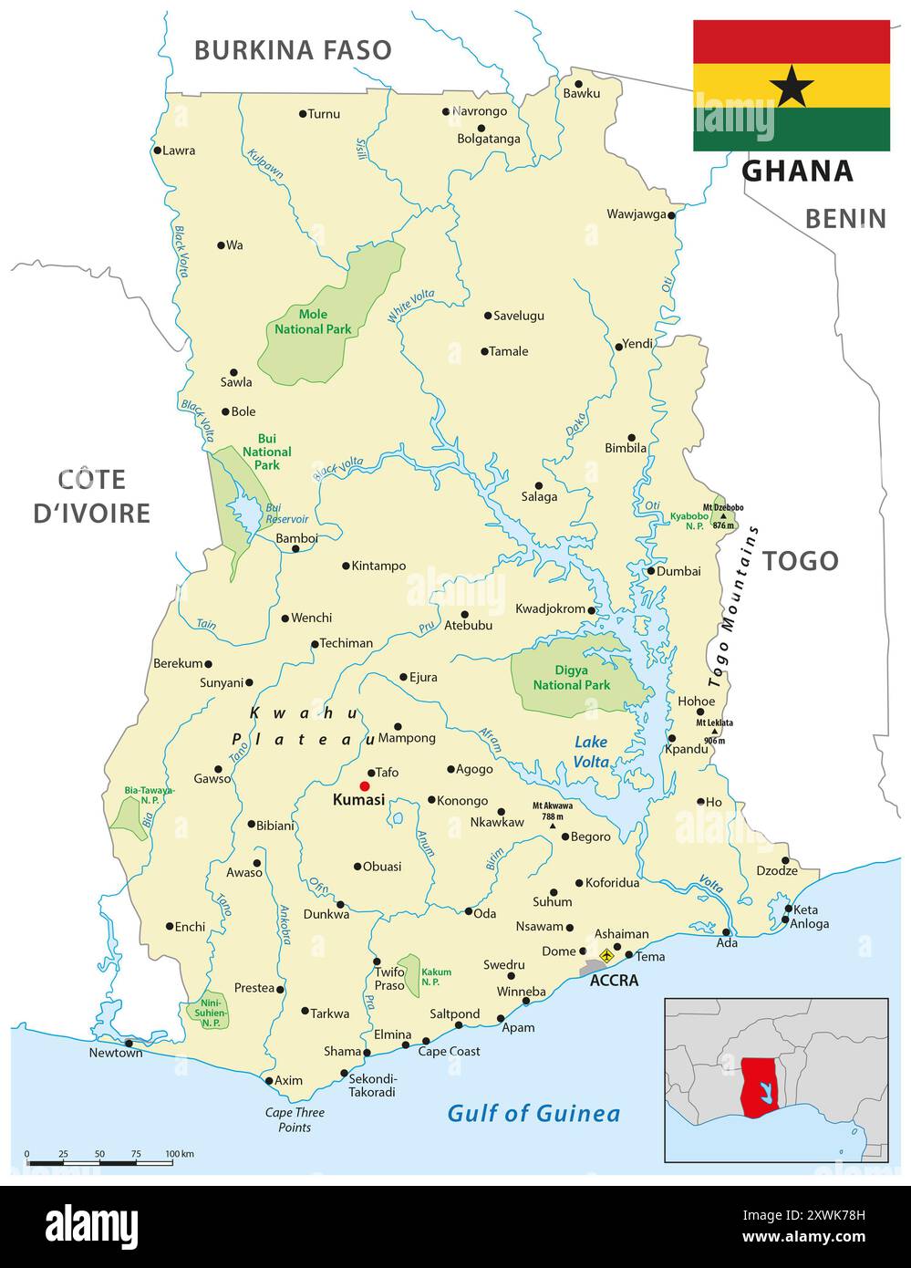 Mappa dello stato dell'Africa occidentale del Ghana Foto Stock