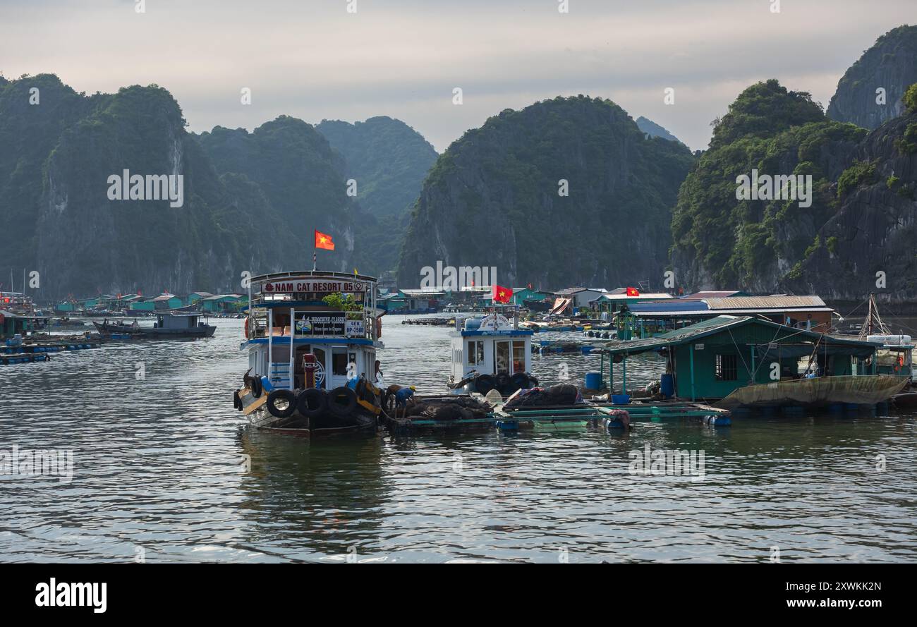 Villaggio di pescatori galleggiante, isola rocciosa nella baia di ha Long in Vietnam, nel sud-est asiatico. Patrimonio mondiale dell'UNESCO. Orizzontale. Famoso monumento asiatico famoso destino Foto Stock