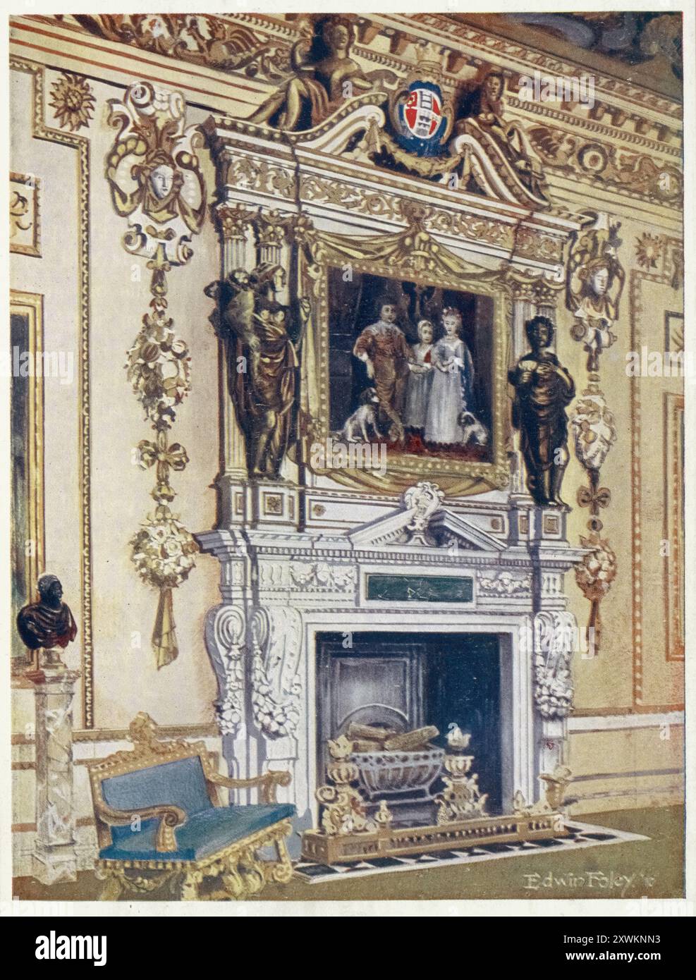 Möbel um die Jahrhundertwende 1900, Kaminsims im Doppelwürfelzimmer, Wilton House (1910 - 1911), Chimneypiece in the double cube room, Wilton House (1910 - 1911).jpg Foto Stock