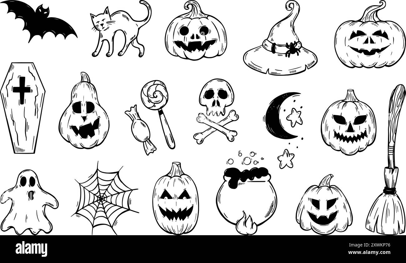 Doodle elementi di halloween. Spaventose zucche disegnate a mano, cappello da strega e scopa, ragnatela e fantasma. Tracciare le icone delle festività autunnali, insieme di vettori neoterici Illustrazione Vettoriale