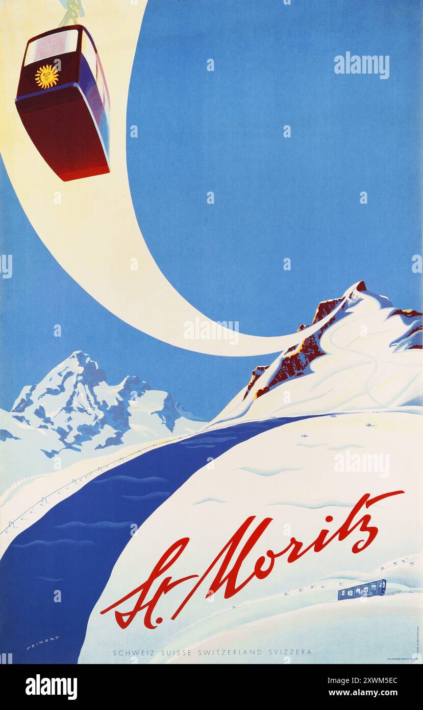 Skilift, funivia - poster Swiss Vintage Travel di Martin Peikert - St. Moritz, Corviglia Piz Nair, 1955 - Schweiz, Svizzera Foto Stock