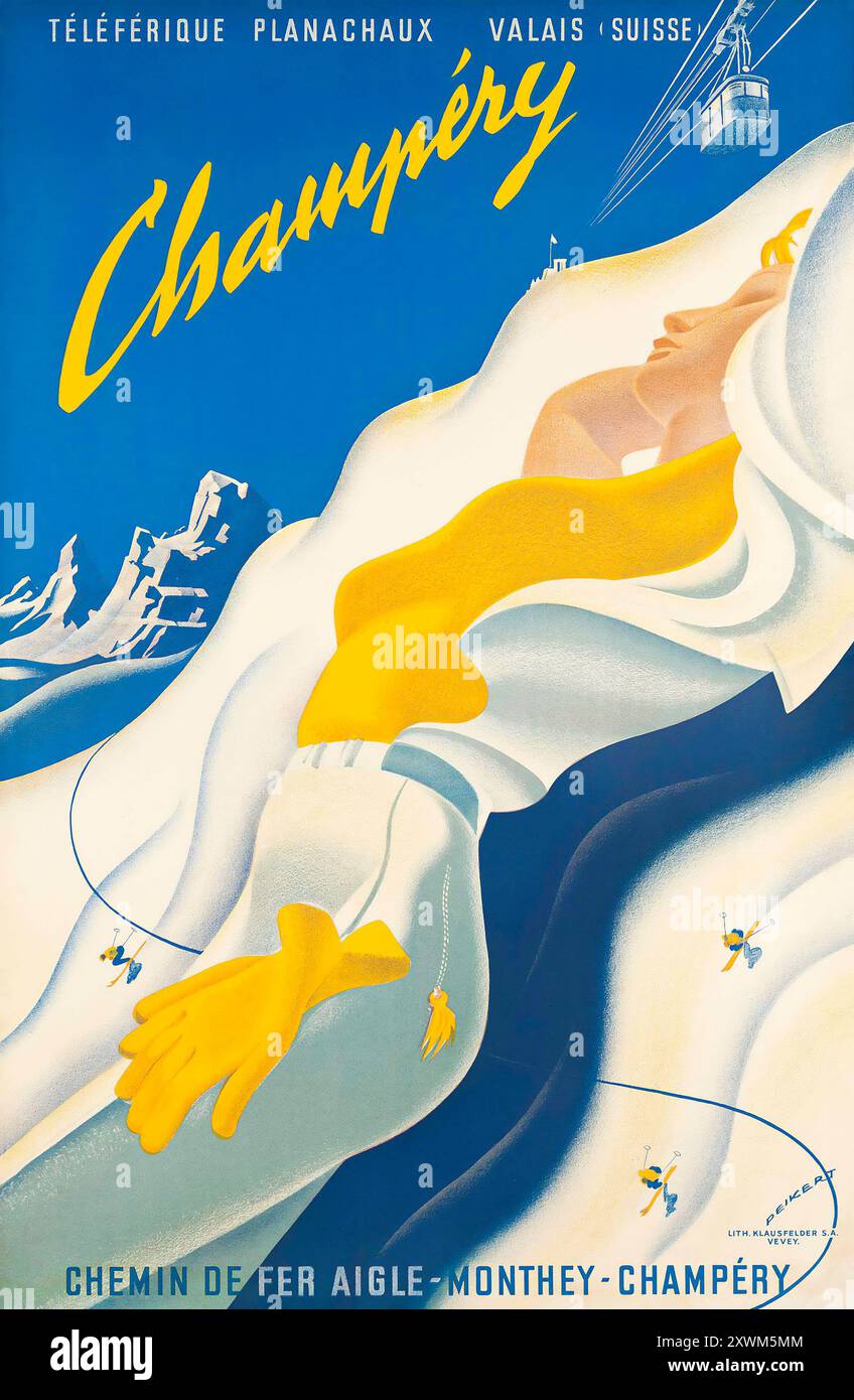 Martin Peikert poster di viaggio Schweiz, Suisse, Svizzera - CHAMPÉRY, Vallese, 1955 Foto Stock