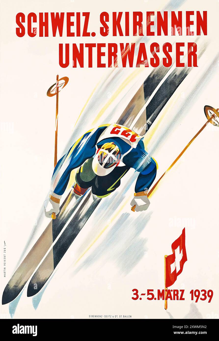 Schweiz Skirennen Unterwasser, 1939, Martin Peikert - Schweiz, Svizzera poster di viaggio Foto Stock