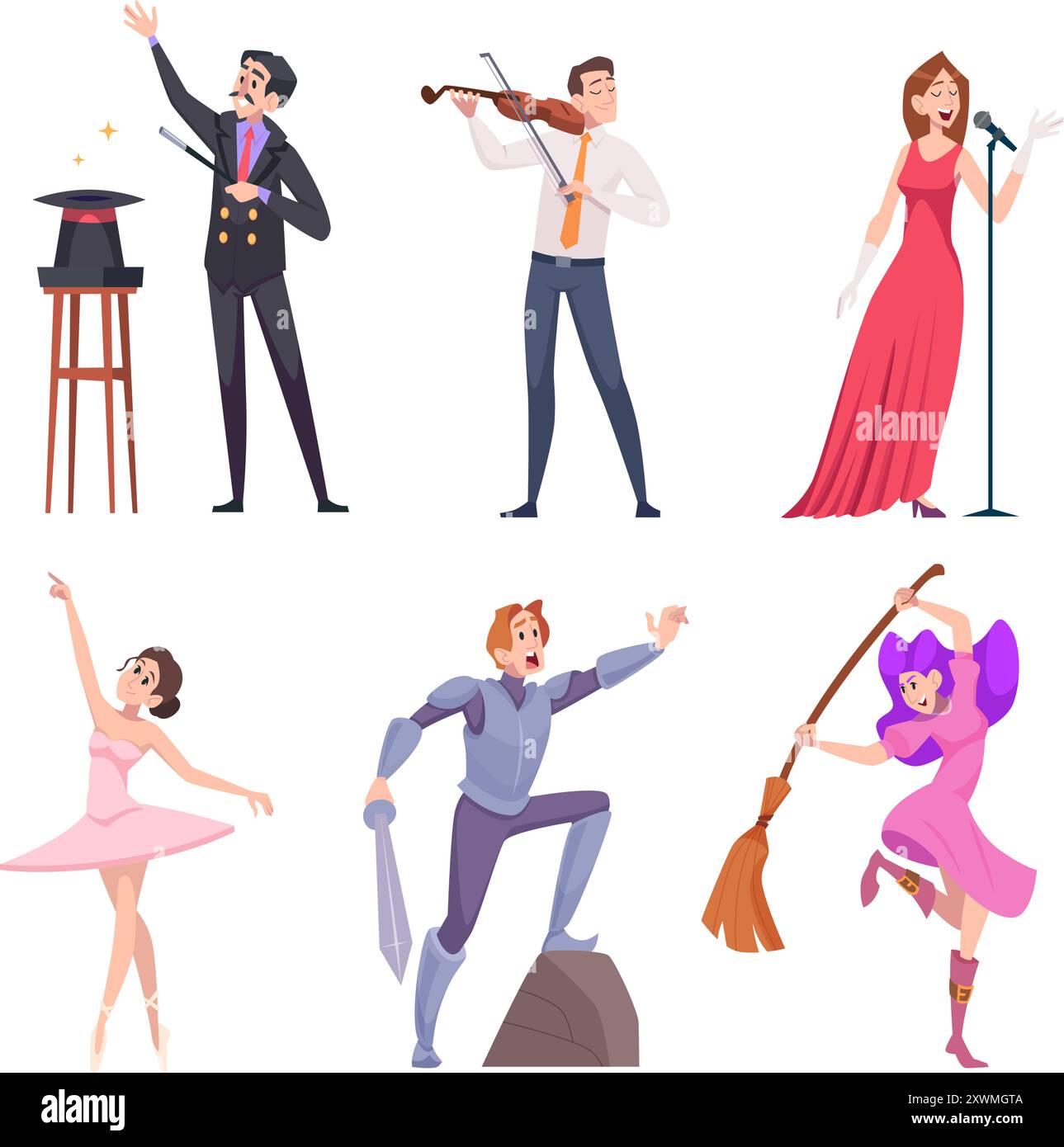 Spettacolo teatrale. Musicisti e ballerini sul palco orchestra sh ow esatta personaggi vettoriali dei cartoni animati che ballano coppie Illustrazione Vettoriale