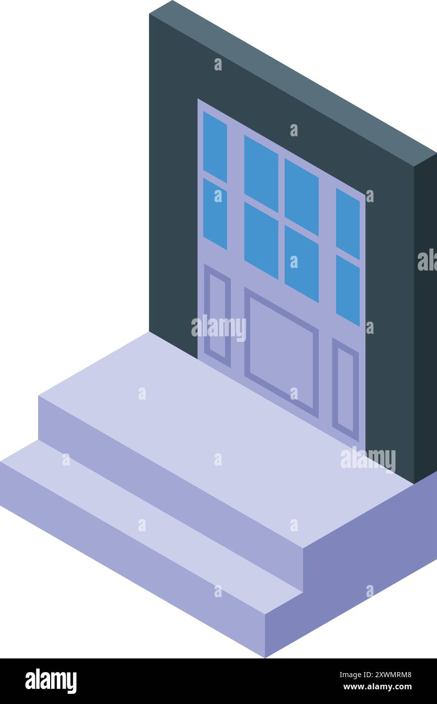 Illustrazione dell'ingresso anteriore di una casa, con una serie di scale che conducono ad una porta con vetri Illustrazione Vettoriale