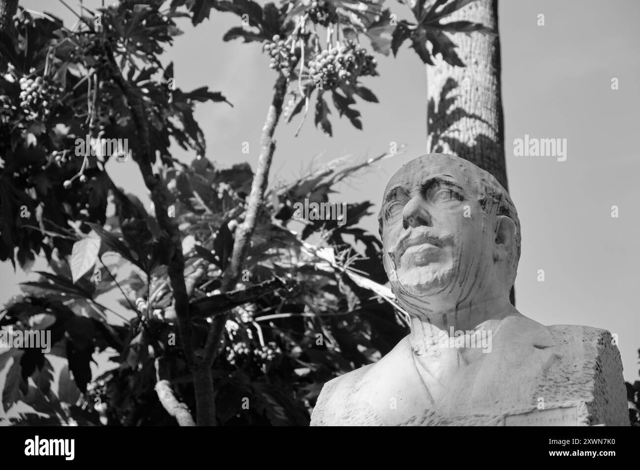 Málaga, Spagna - 5 giugno 2024: Busto del pittore Antonio Muñoz Degrain a El Parque de Málaga. Foto Stock