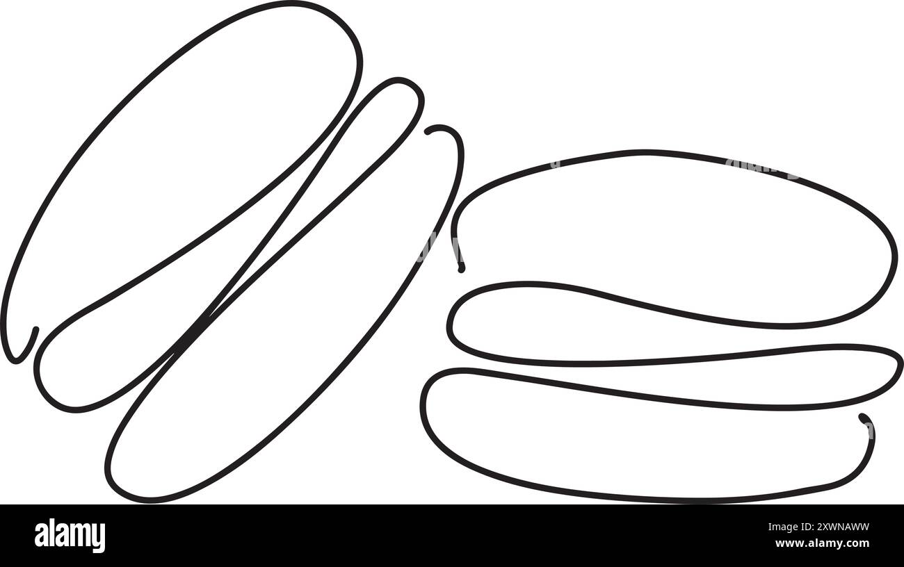 Disegno continuo a una linea di macaron francesi colorati isolati su sfondo bianco. Macaron disegnati a mano arte dal design minimale, concetto dolciario. Illustrazione Vettoriale