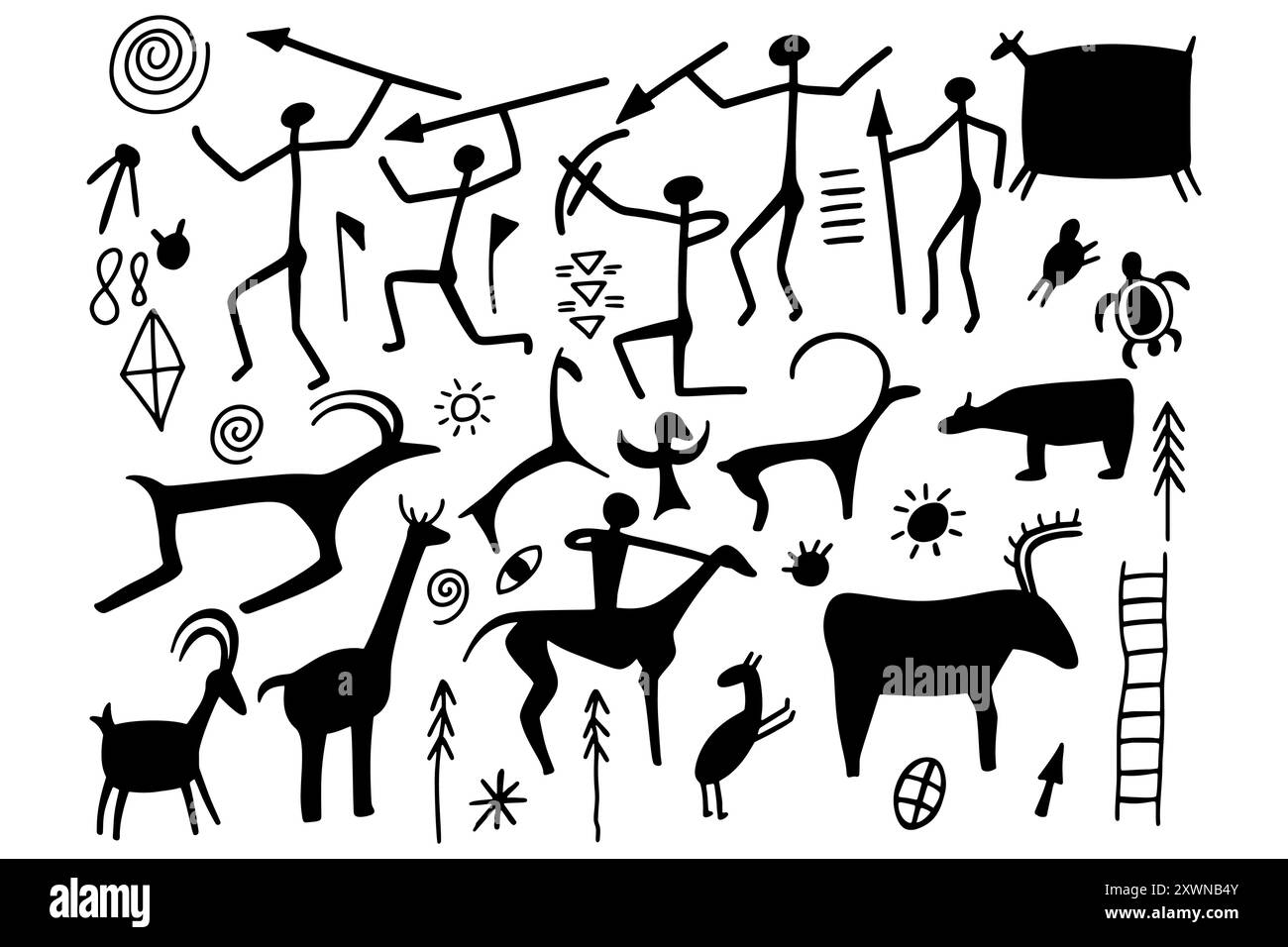 Pittura di grotta su pietra, antico muro di umani preistorici, animali, armi. Figure primitive di uomini e donne di tribù. Caverna vettoriale Illustrazione Vettoriale