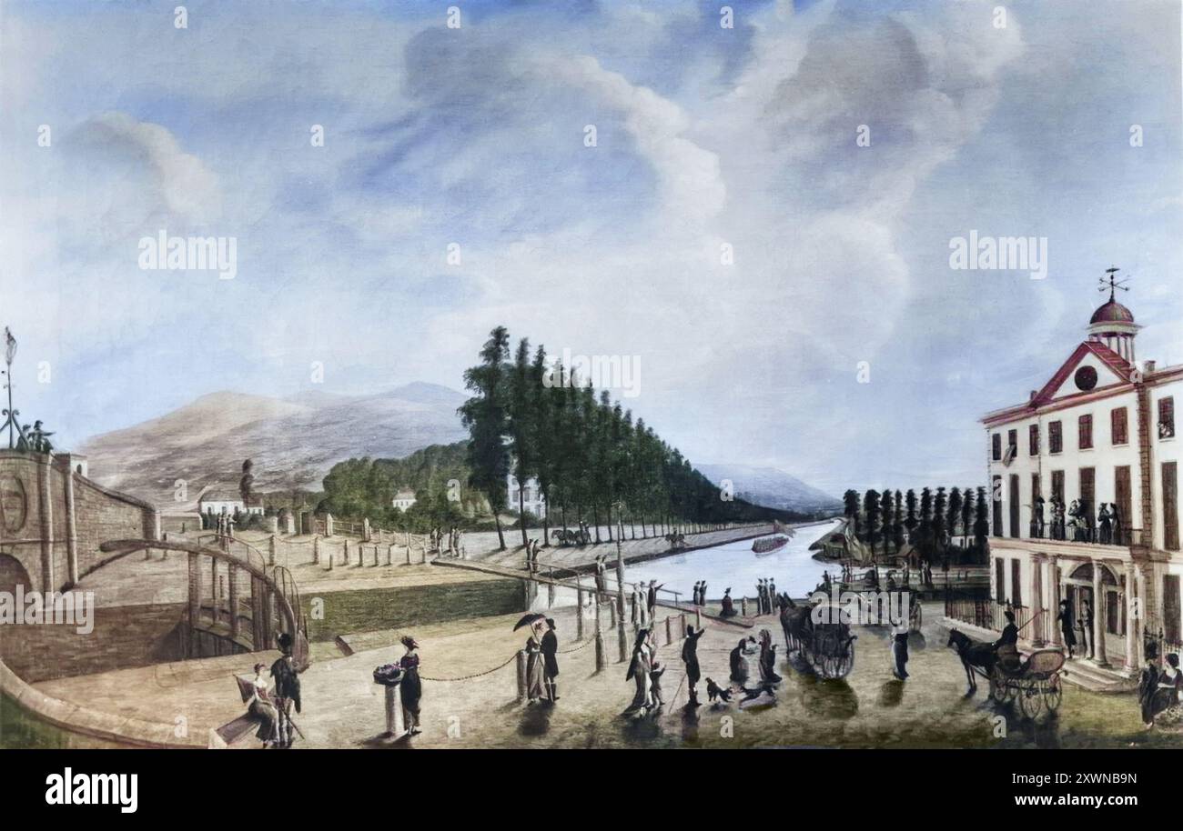 Vista della Portobello House progettata dall'architetto James Colbourne, originariamente il Grand Canal Hotel aperto nel 1807 accanto al ponte e alla chiusa Grand Canal, Dublino, Irlanda. Creato nel 1809 dall'artista irlandese Thomas Snagg (1746-1812) Foto Stock