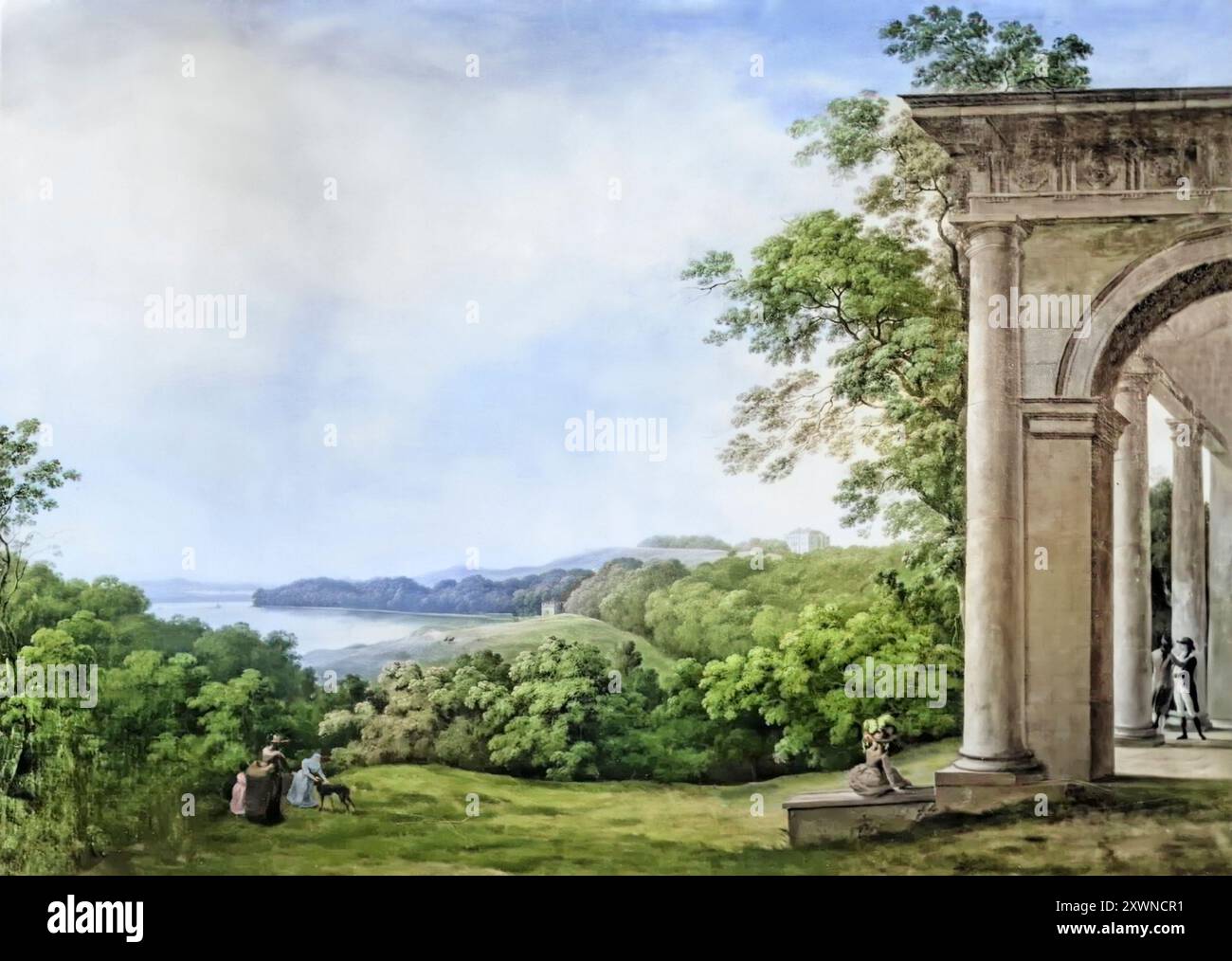 Vista del quartiere del Castello dal Tempio dorico nel 1875. Il palazzo del XVIII secolo vicino al villaggio di Strangford, nella contea di Down, nell'Irlanda del Nord, fu dipinto da William Ashford, (1746-1824), un pittore inglese che lavorava esclusivamente in Irlanda. Foto Stock