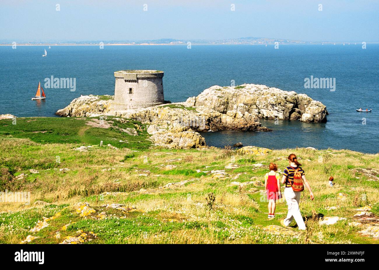 Torre martello del periodo napoleonico, fortezza militare di difesa contro l'invasione, sull'isola di Irelands Eye vicino Howth, Contea di Dublino, Irlanda Foto Stock