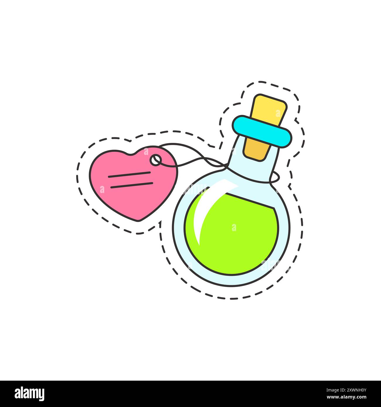 Illustrazione vettoriale di un adesivo di pozione d'amore, ideale per temi romantici e fantasiosi. Illustrazione Vettoriale