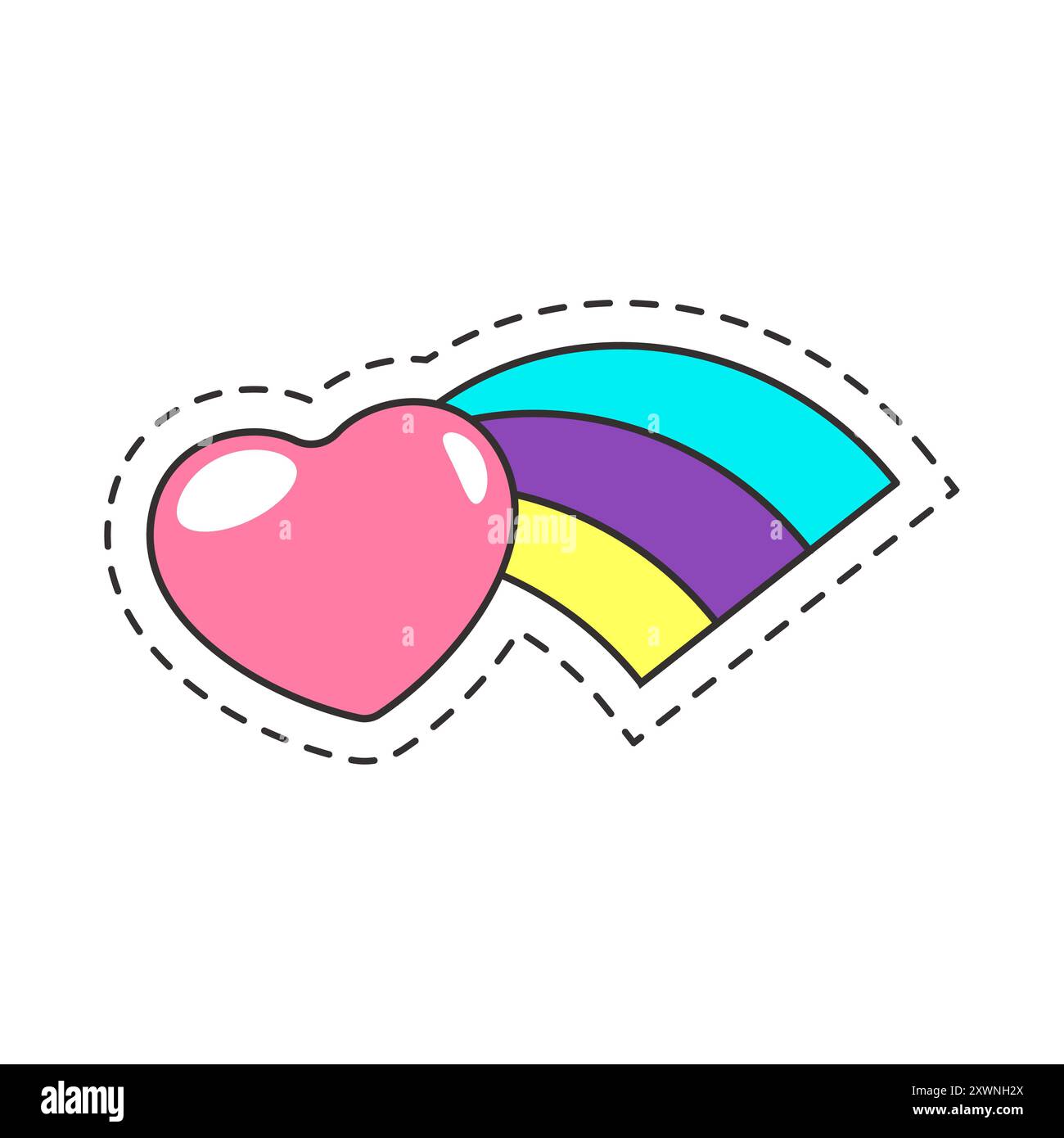 Illustrazione vettoriale di un adesivo cuore e arcobaleno, che rappresenta amore e gioia. Illustrazione Vettoriale