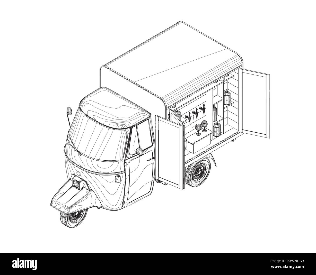 Carrello per alcolici Contour, bar esterno. Venditore ambulante che vende bevande e bevande al banco roulotte. Barista alla finestra della barra mobile alcolica a ruote. FLA Illustrazione Vettoriale